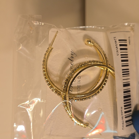 Gold Hoop Earrings with Rhinestones - Picture 1 of 4